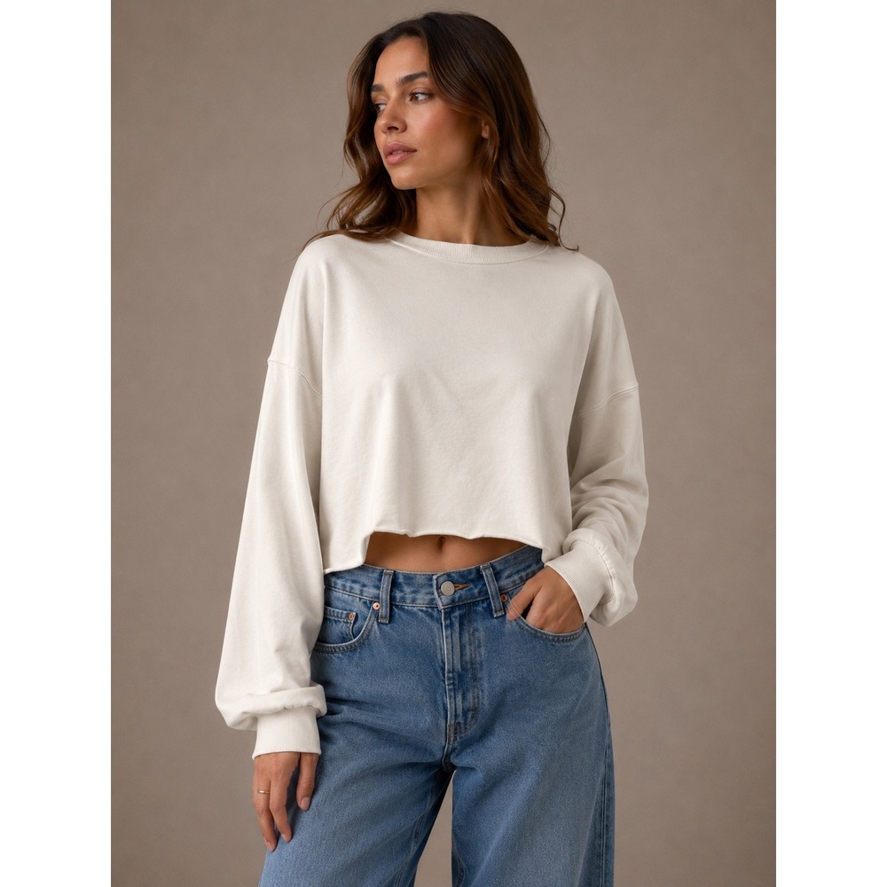 NIA Women Sweatshirt XL Cream Cropped Raw Hem Drop Shoulder French Terry